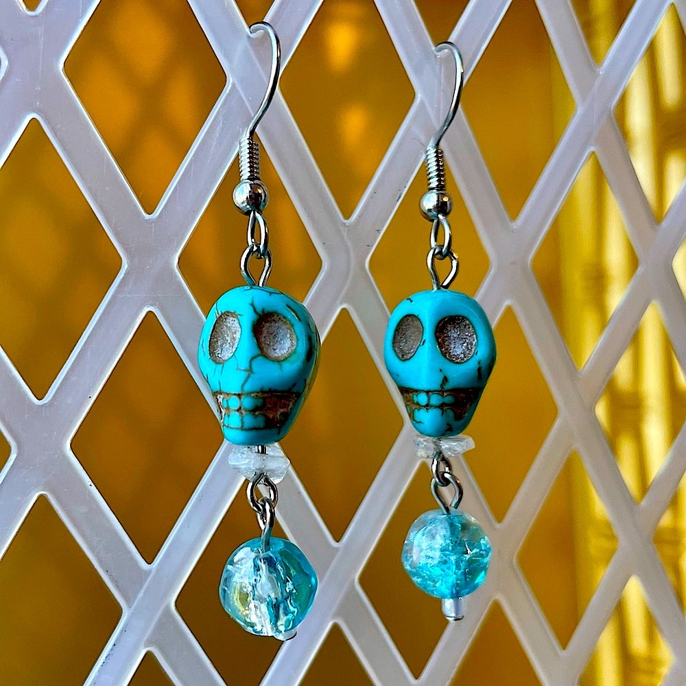 Turquoise Skull Drop Earrings Pierced Stainless Steel Hooks